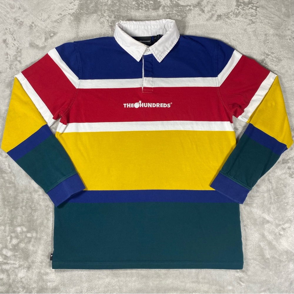 THE HUNDREDS Men's Stanford Polo Shirt Top sz MEDIUM Rugby Striped Long Sleeves